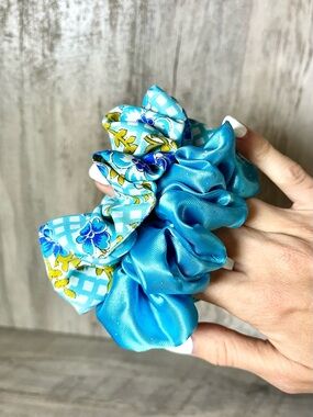 Satin Blue Scrunchies OOAK Handmade Floral Gingham & Sparkles Set Of Two